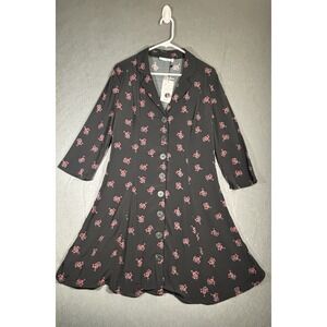 MNG Casual Dress Womens M Black Floral Button Front 3/4 Sleeve Midi Dress Serena